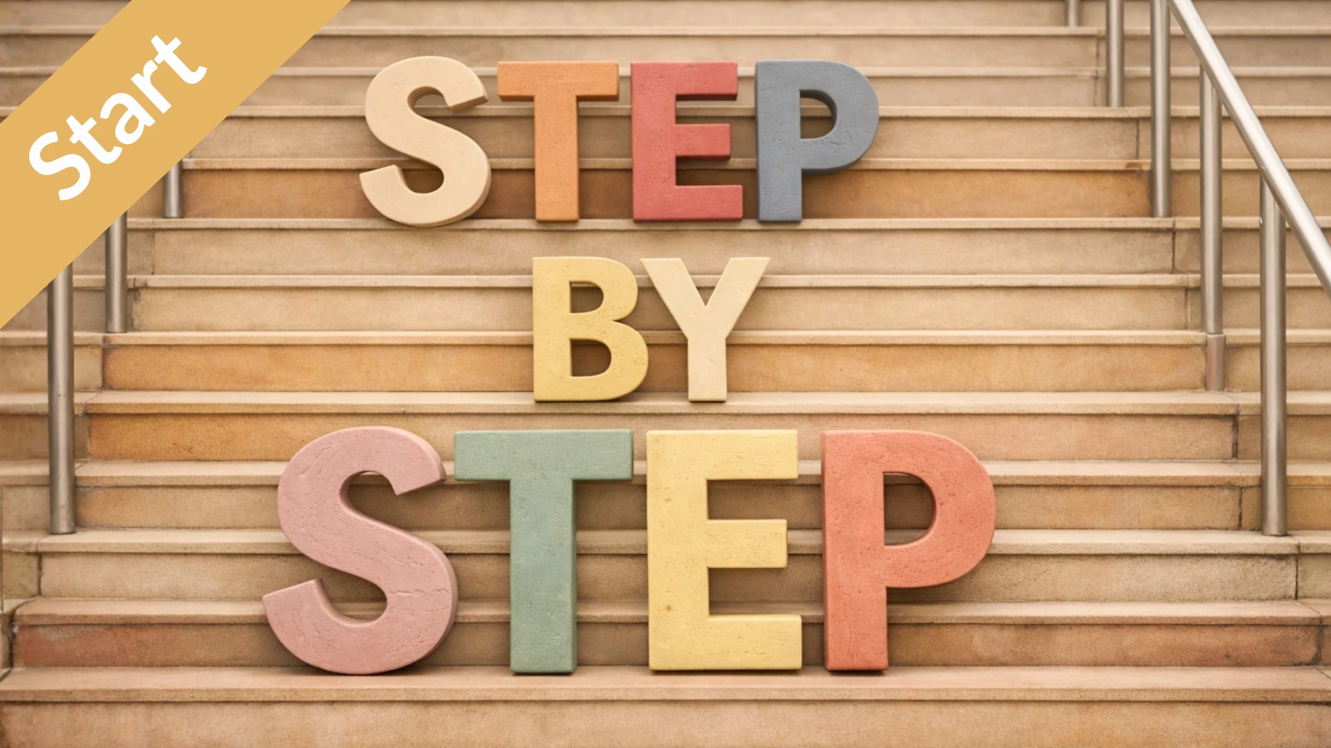 Buchstaben von Step by step auf Treppe 